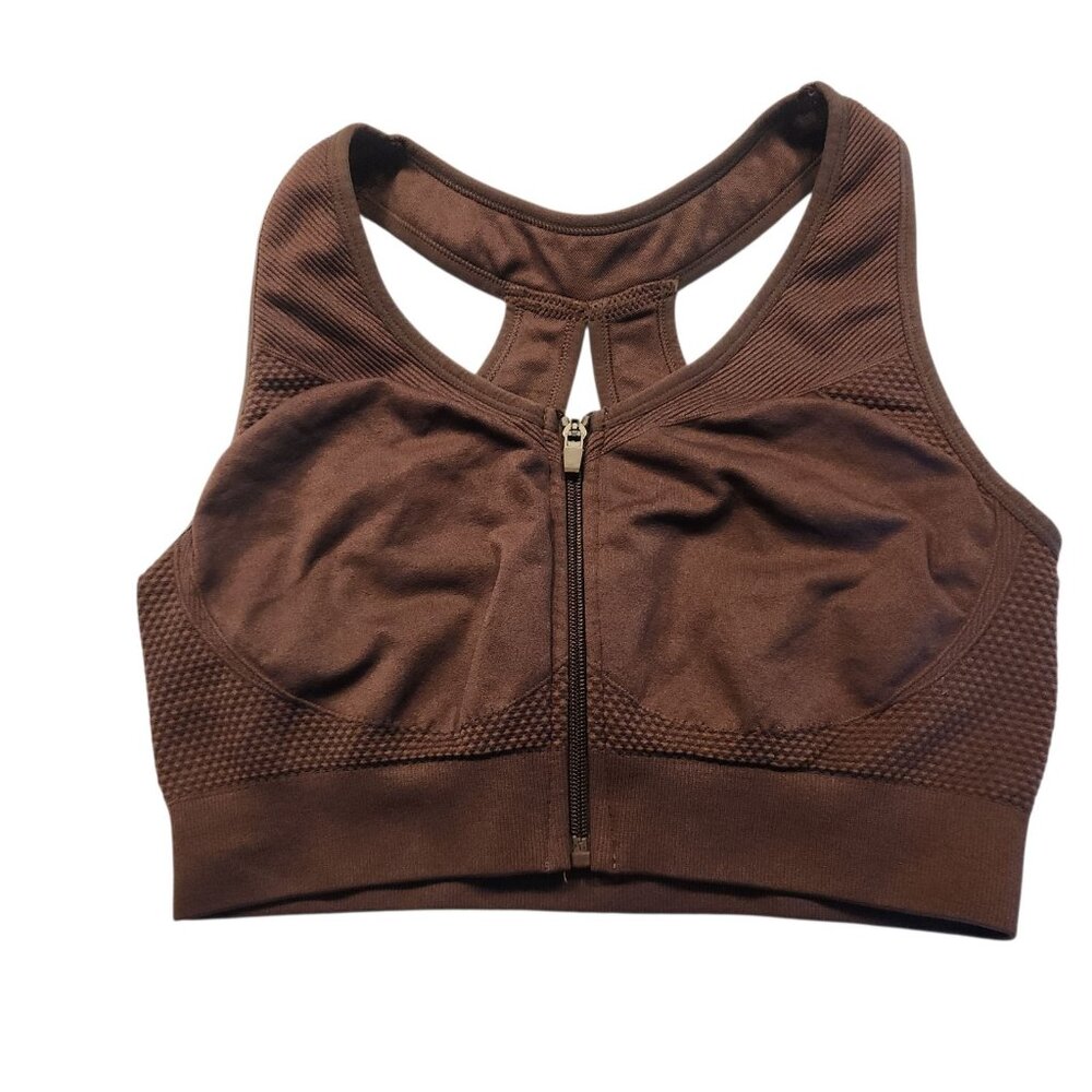 VINA Sports Bra Front Zip Vina Seamless Delta Zipper Bra Brown XL NEW NWOT‎
